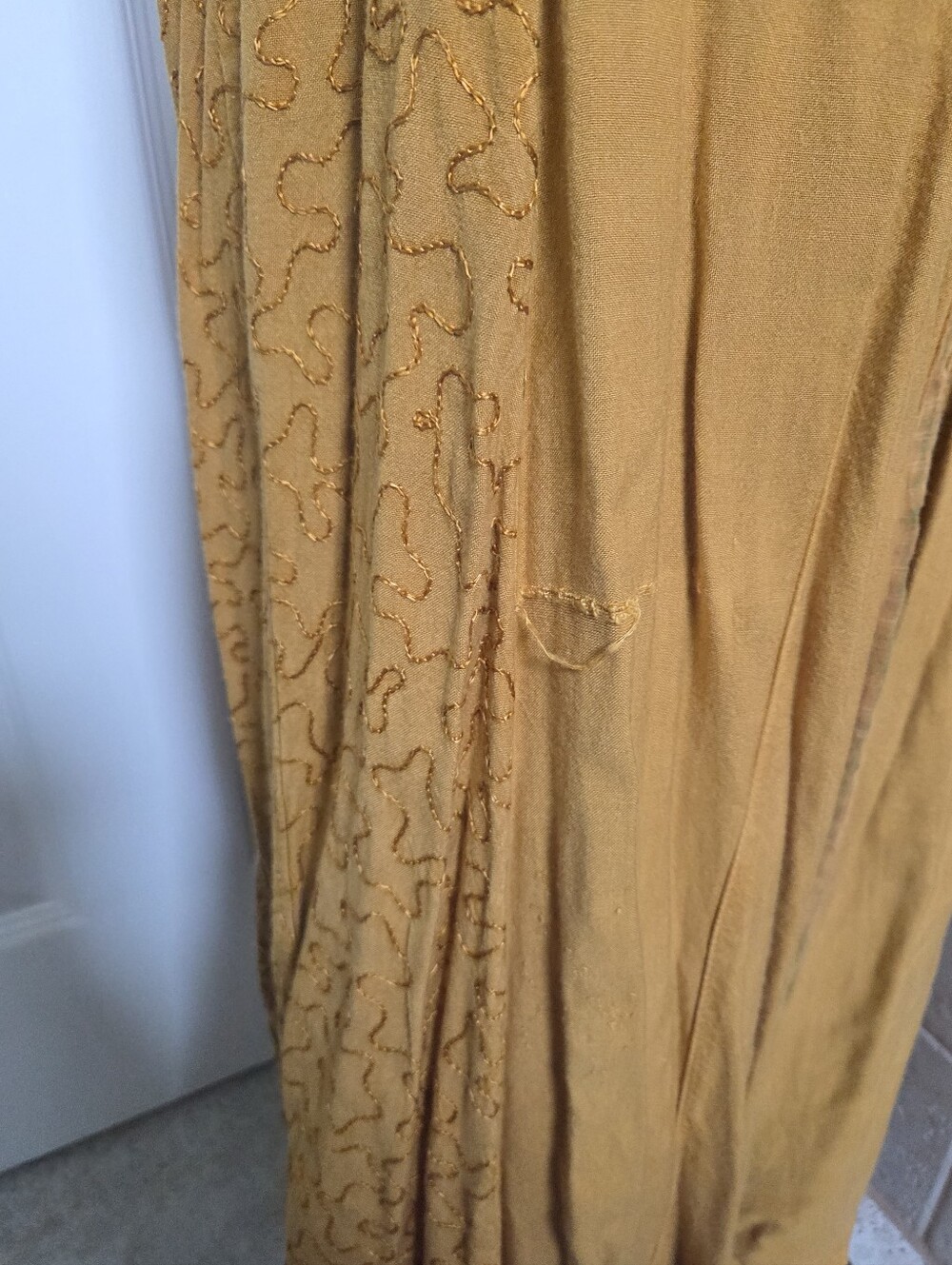 Vintage Mustard Embroidered Plaid Maxi Dress With A Belt In Back Bohemian - Picture 12 of 15